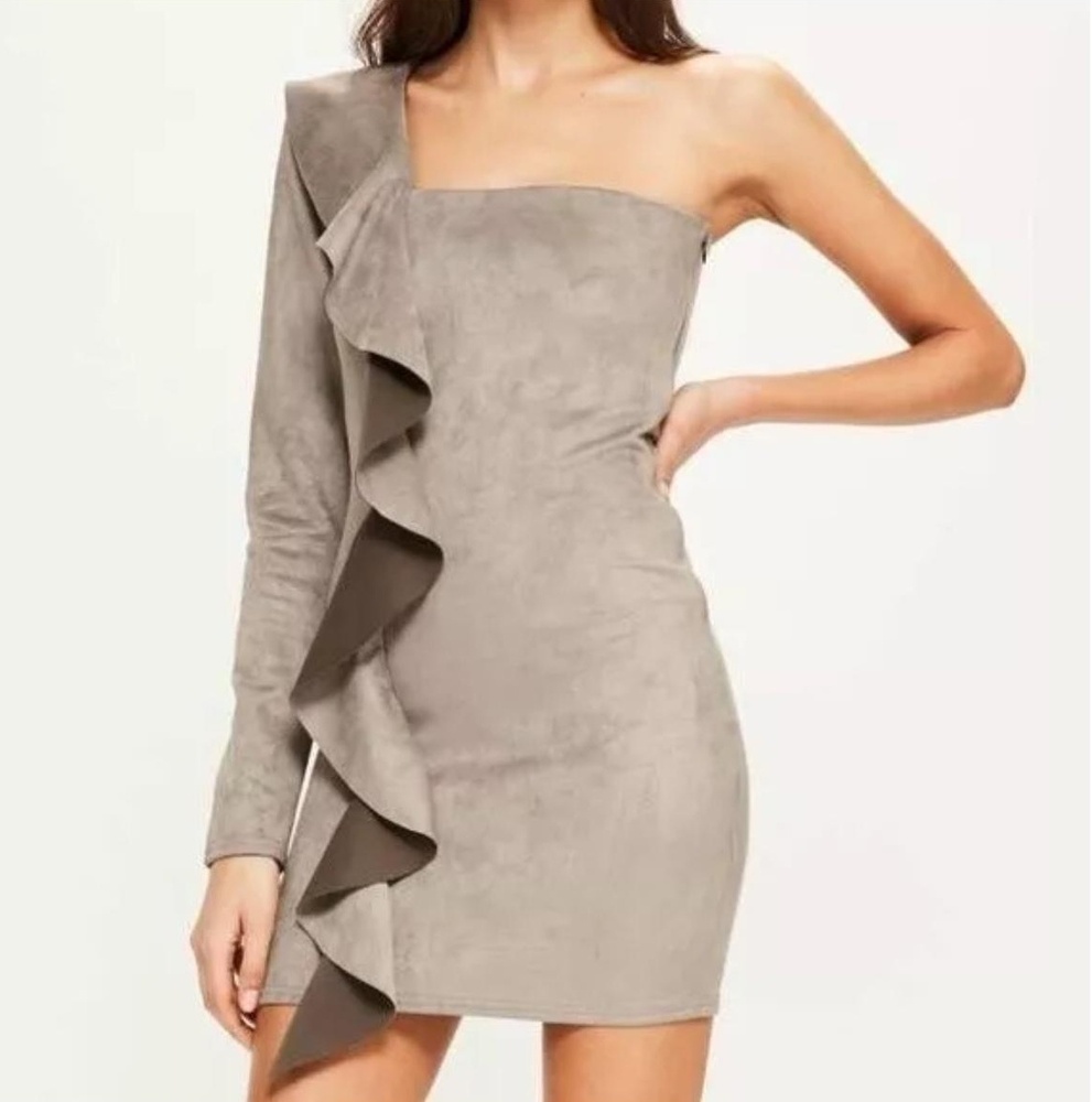 Missguided One Shoulder Frill Down Suede Dress Grey Taupe Size US 4 Small